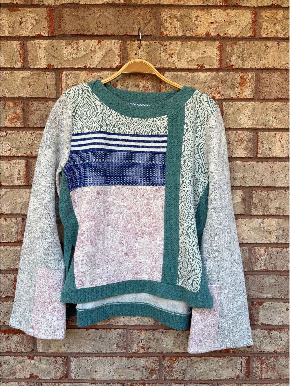 Anthropologie Postmark Latitude Top Pastel Patchwork Knit Texture Bell Sleeve